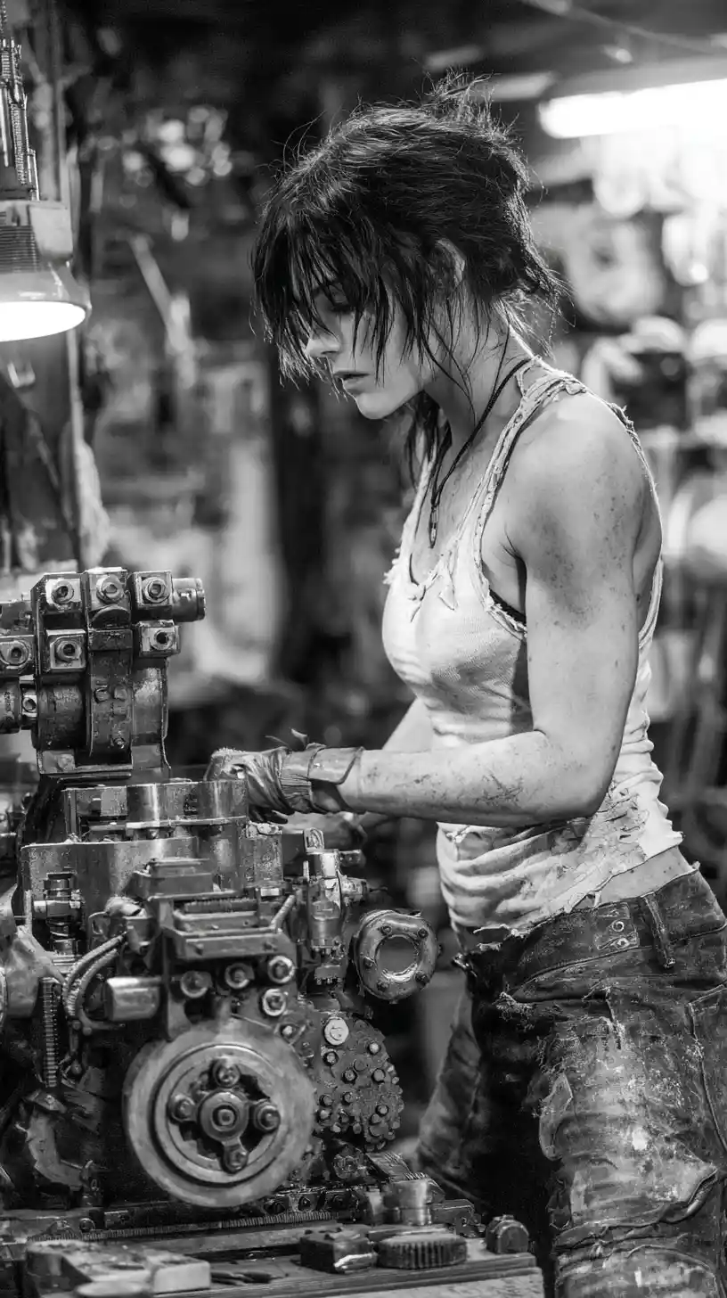 Determined female mechanic in a steampunk workshop close up