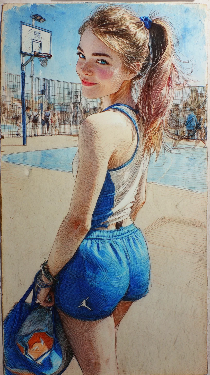 Athletic woman walking on outdoor basketball court drawing