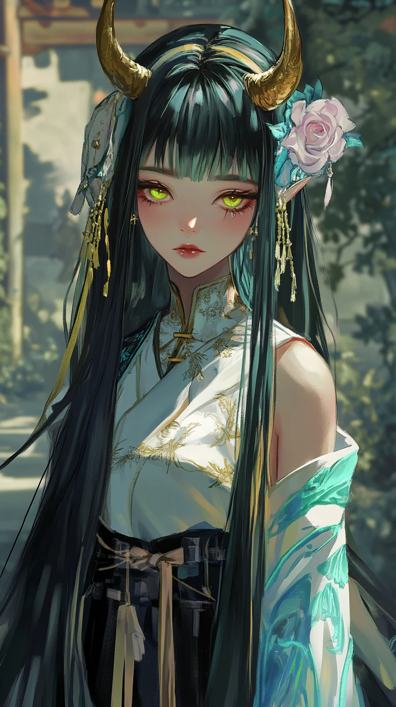 Melancholic horned girl in a golden dress at a temple