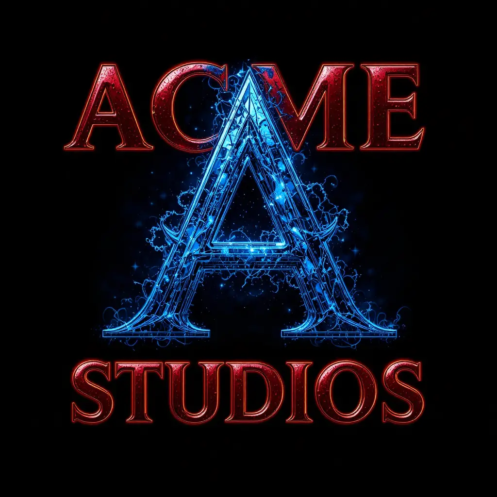 Shiny red studio logo with blue monogram on starry black background