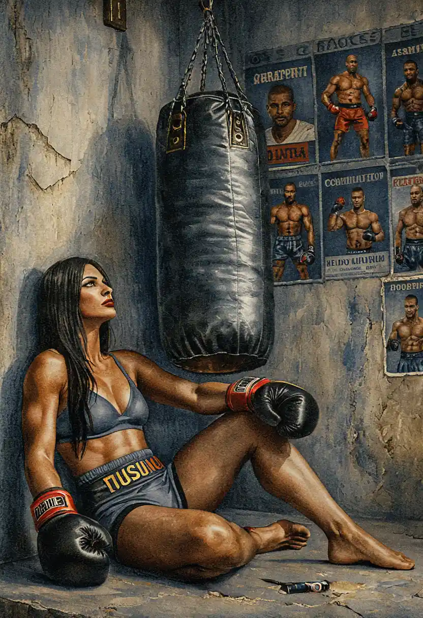 Exhausted female boxer resting on the gym floor