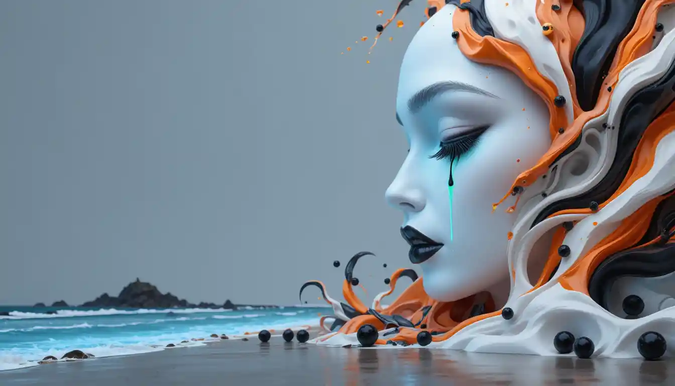 Bioluminescent waves along a dark alien beach at night