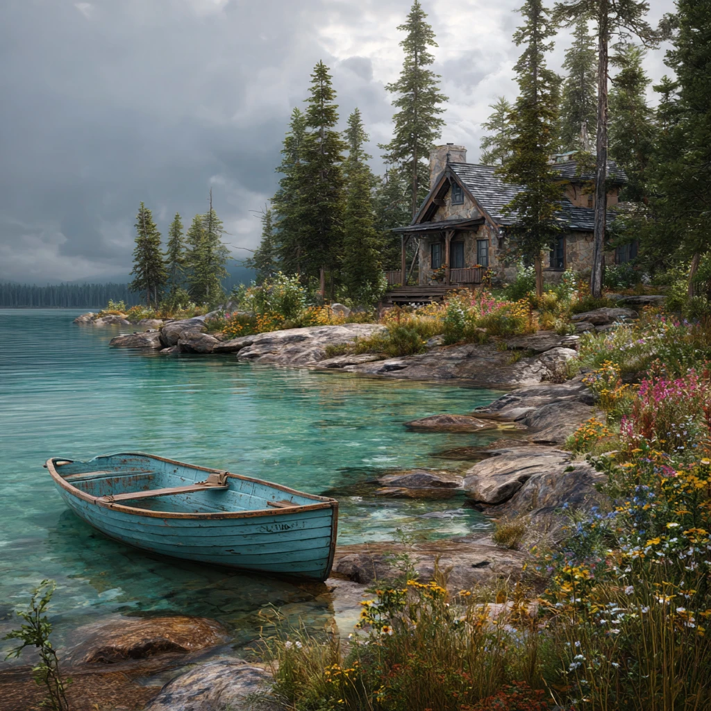 Cozy Lakeside Cabin With Rowboat Under Dramatic Cloudy Sky