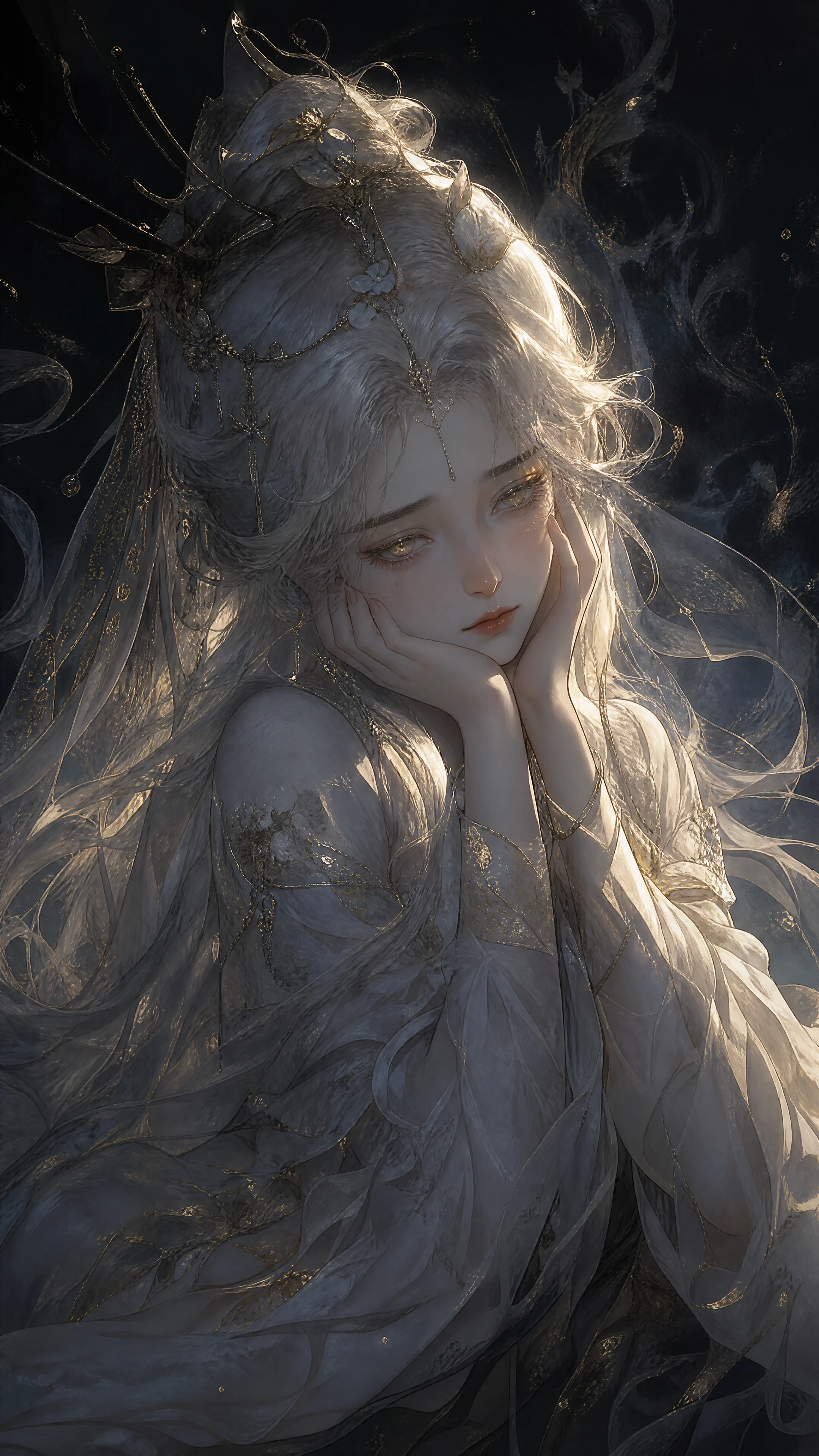 Melancholic girl with glowing hair in dark ethereal portrait