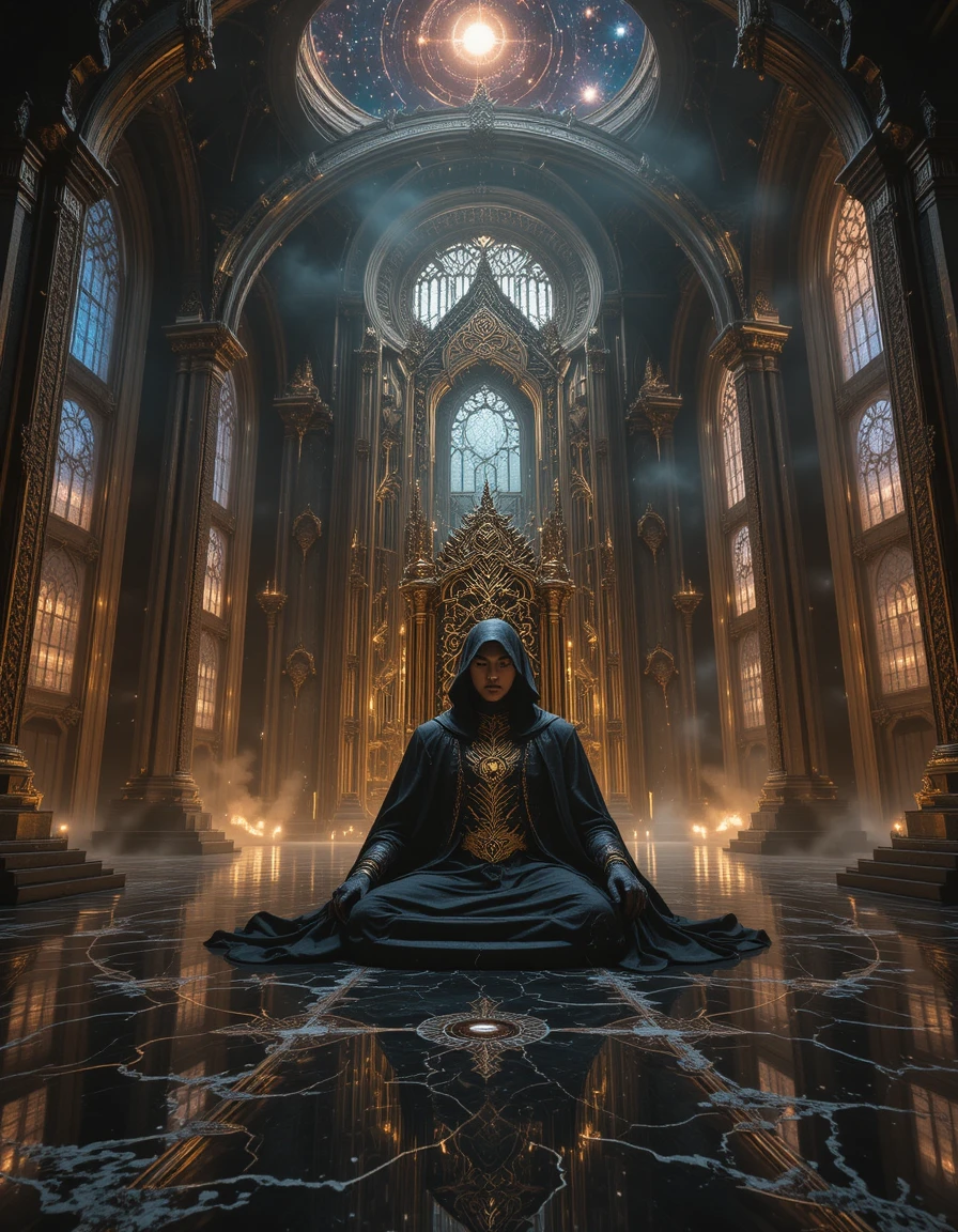 Imperatore post-umano su un trono in una vasta sala cosmica