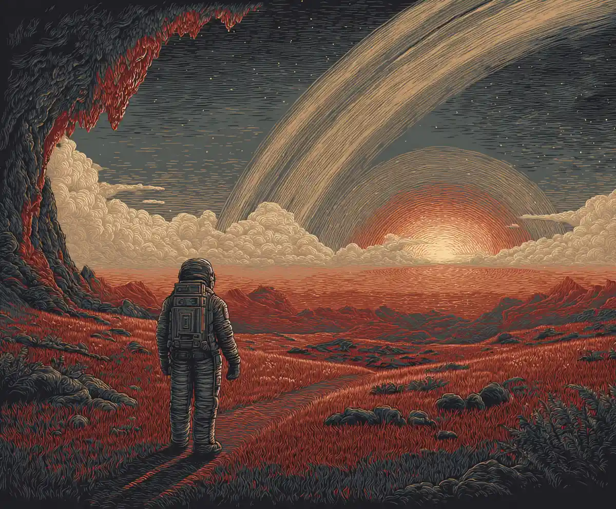 Astronaut Facing Glowing Geode On Crimson Alien Desert