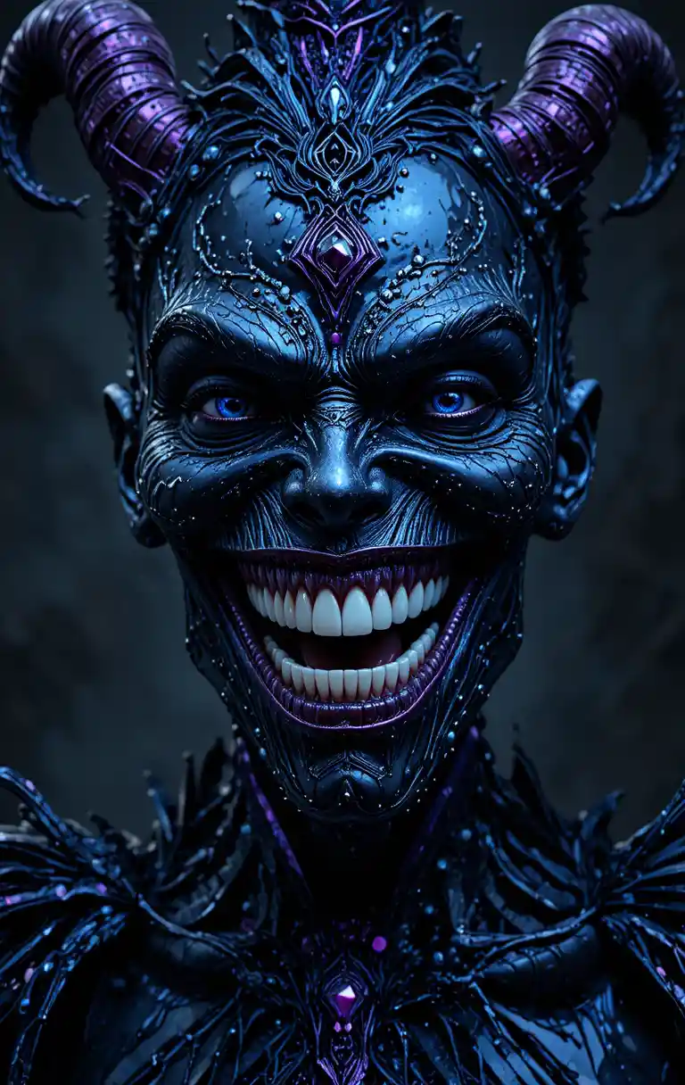 Smiling metallic horror creature with gleaming white teeth