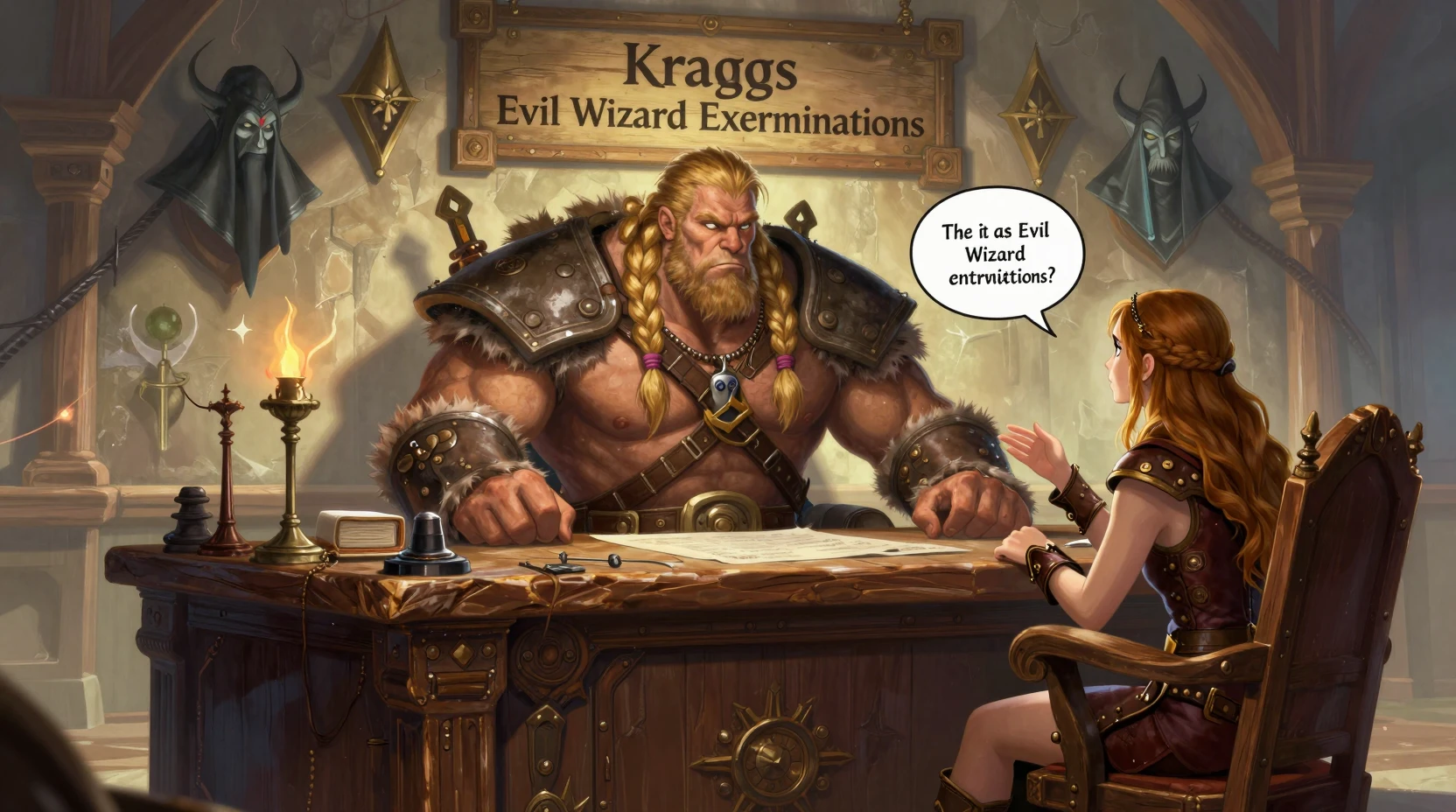 Muscular barbarian at a wizard hunting office desk