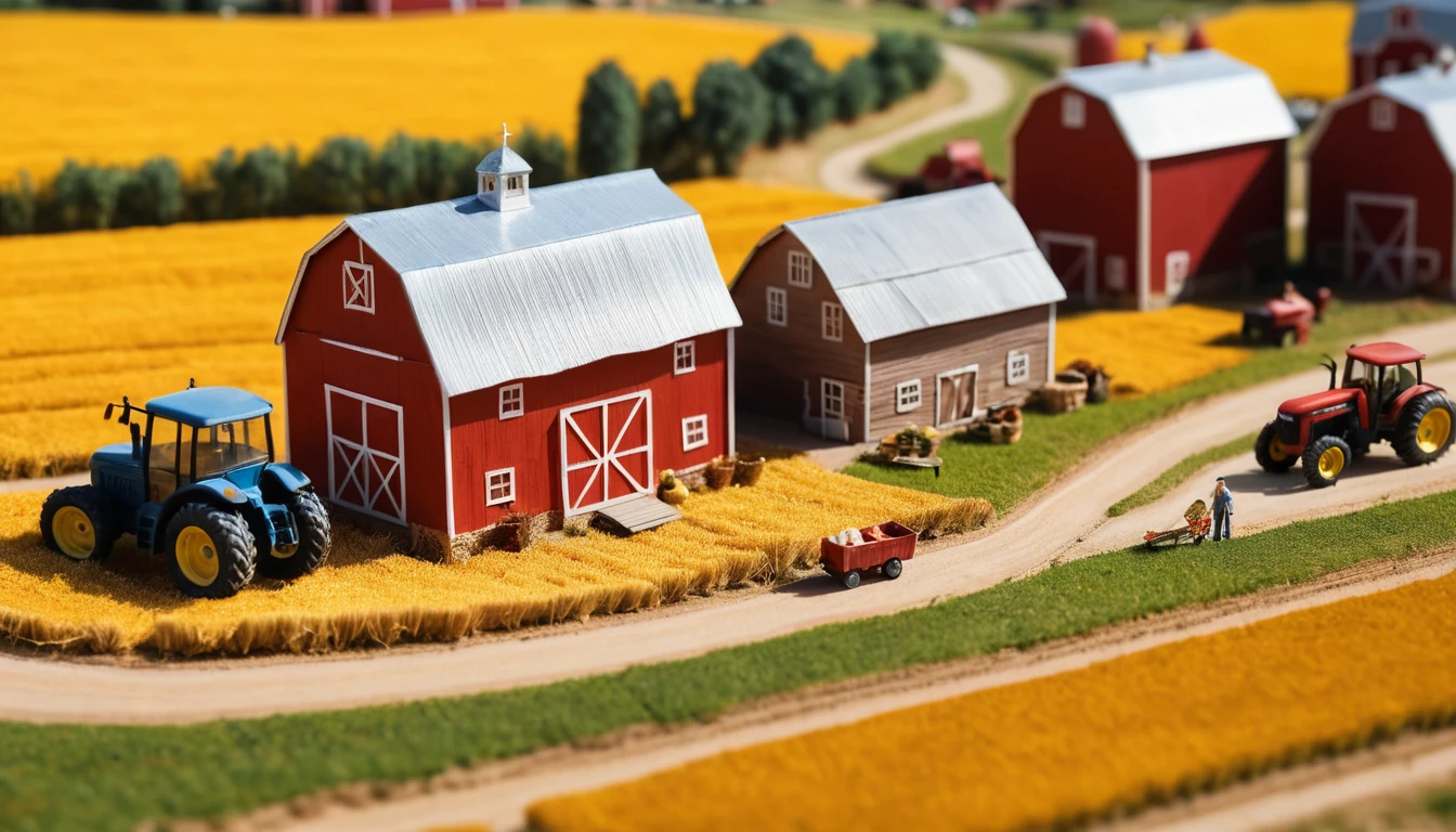 Miniature barn and fields in tilt shift farm scene