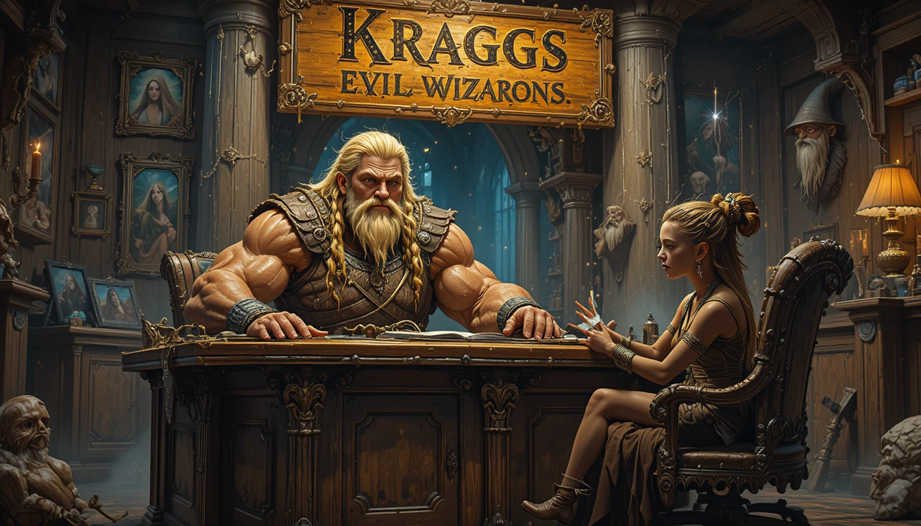 Barbarian warrior at a carved wooden desk in fantasy office