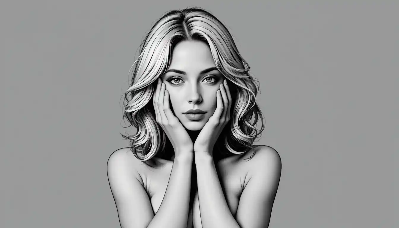 Thoughtful blonde girl portrait in soft gray background