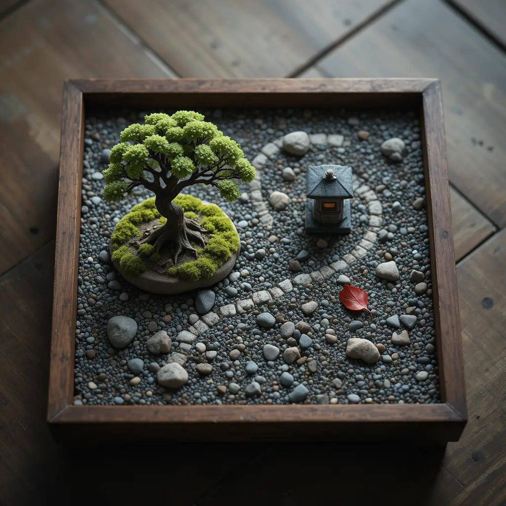Miniature Japanese zen garden diorama in wooden tray