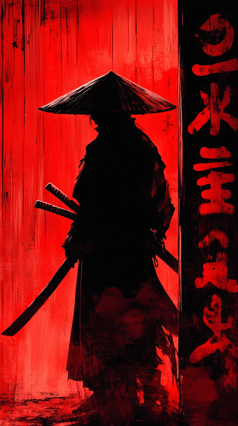 Lone samurai silhouette in red light before kanji wall