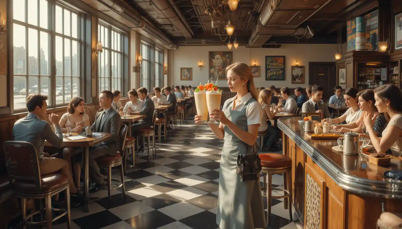 1950s diner waitress serving milkshakes in warm sunlight