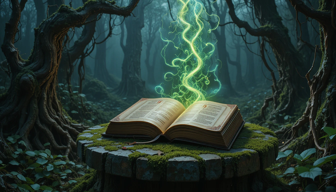 Ancient Magic Book Glowing In A Dark Enchanted Forest
