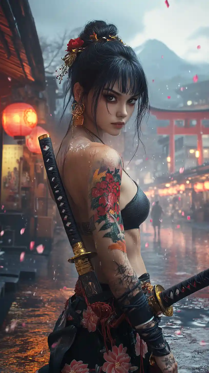 Tattooed Japanese warrior woman with glowing katana at night