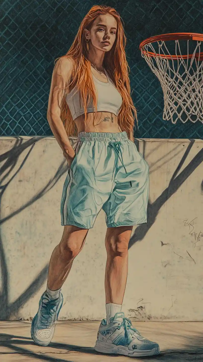 Athletic woman walking on urban outdoor basketball court