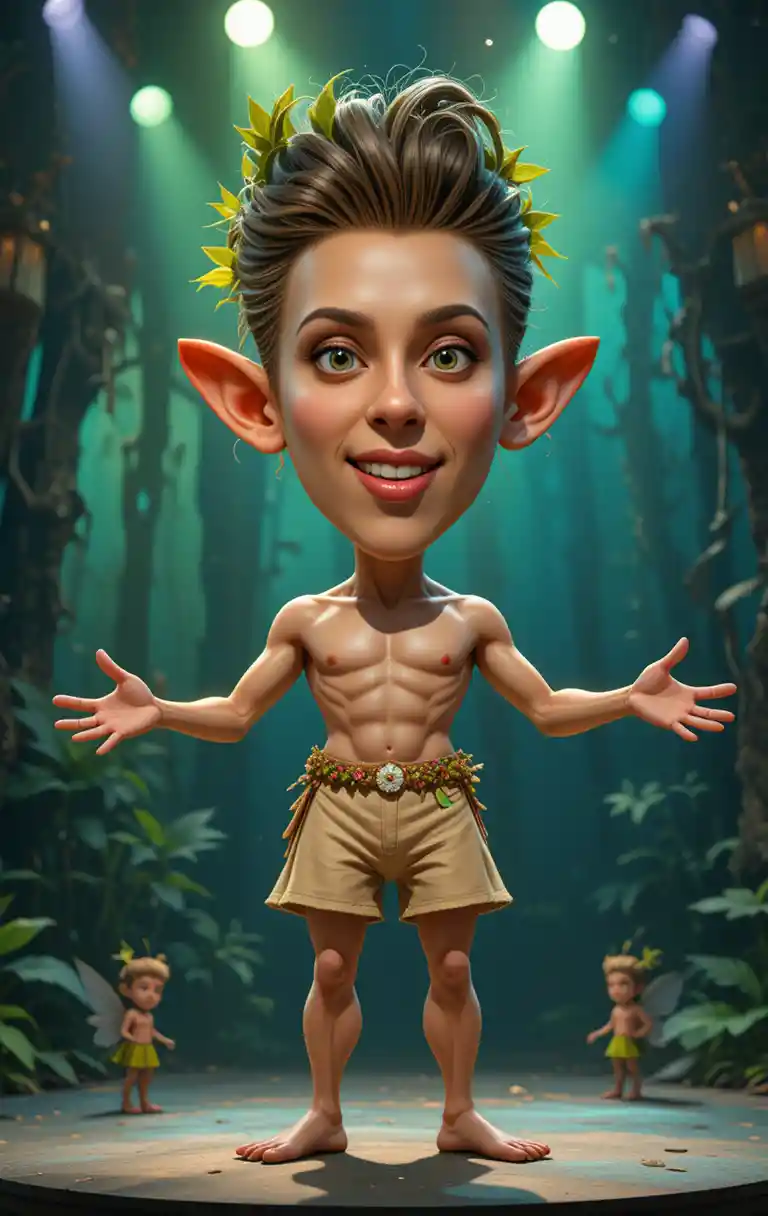 Cartoon fairy creature on stage in enchanted forest