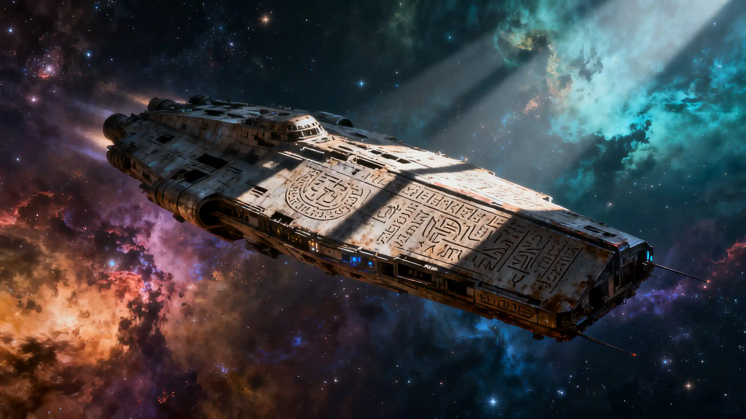 Weathered Spaceship Drifting Alone Through Luminous Nebula