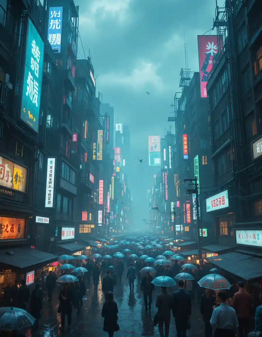 Neon drenched cyberpunk megacity in a midnight rainstorm