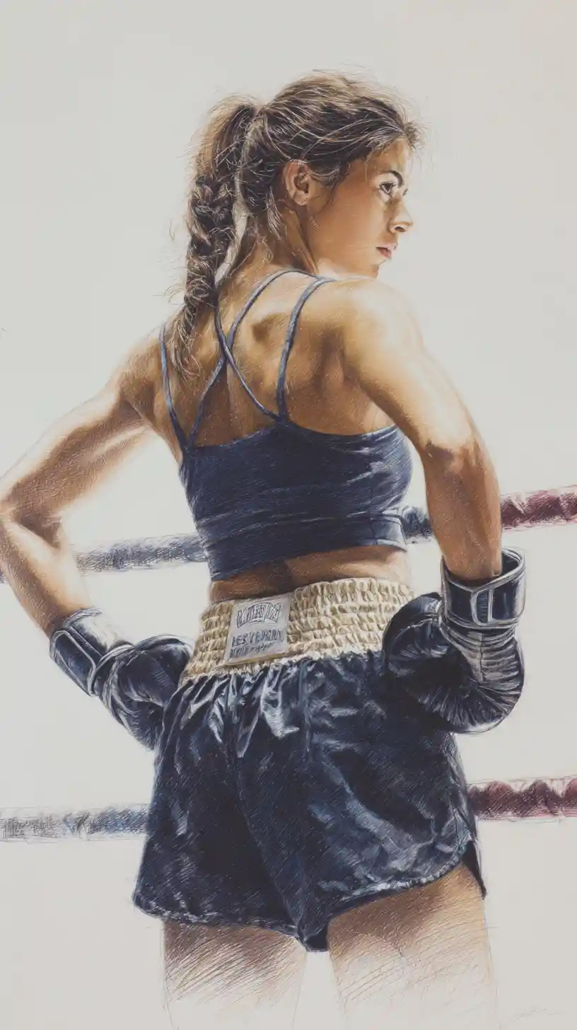 Sweaty female boxer resting on the ropes between rounds