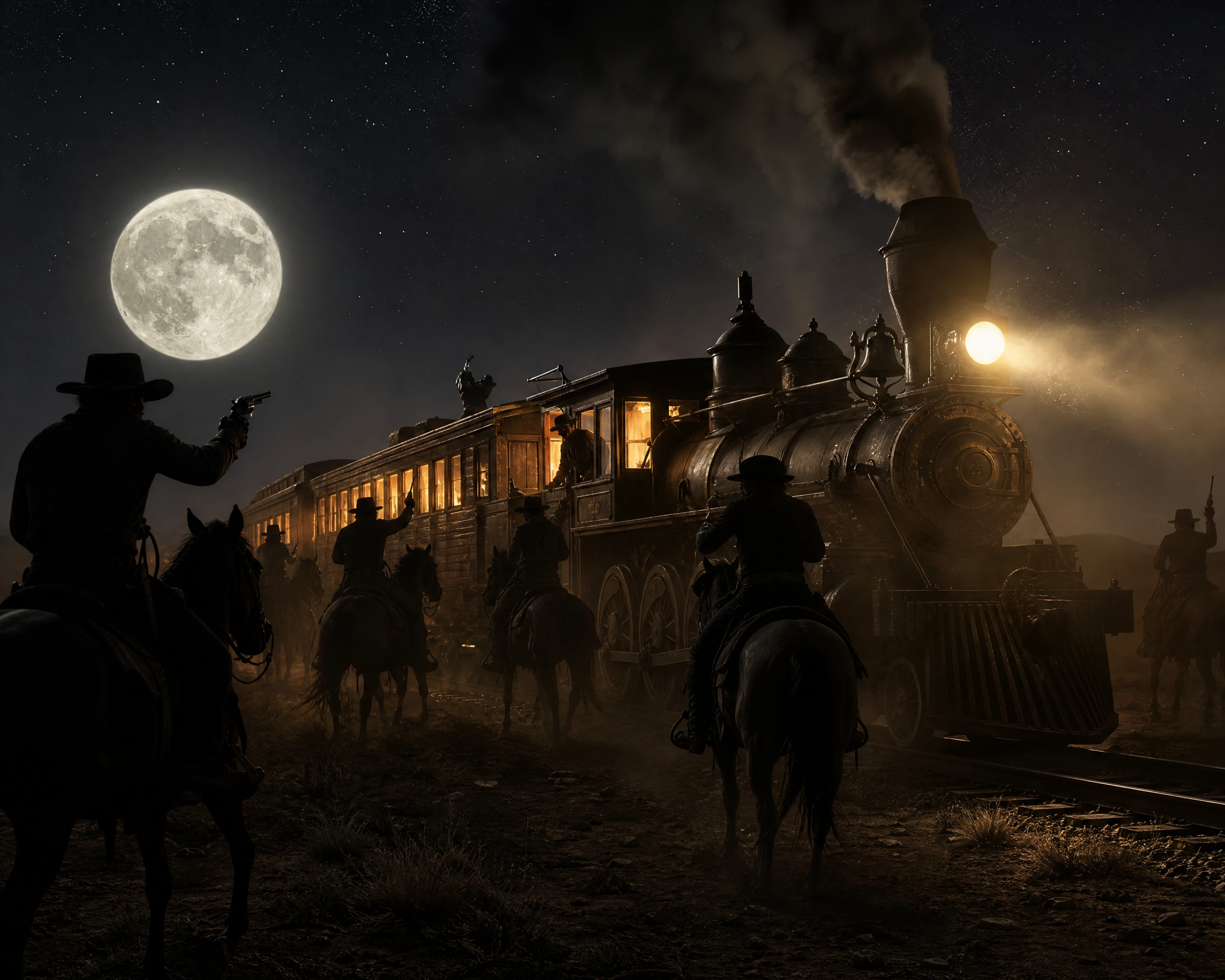 Western steam train robbery under a bright full moon
