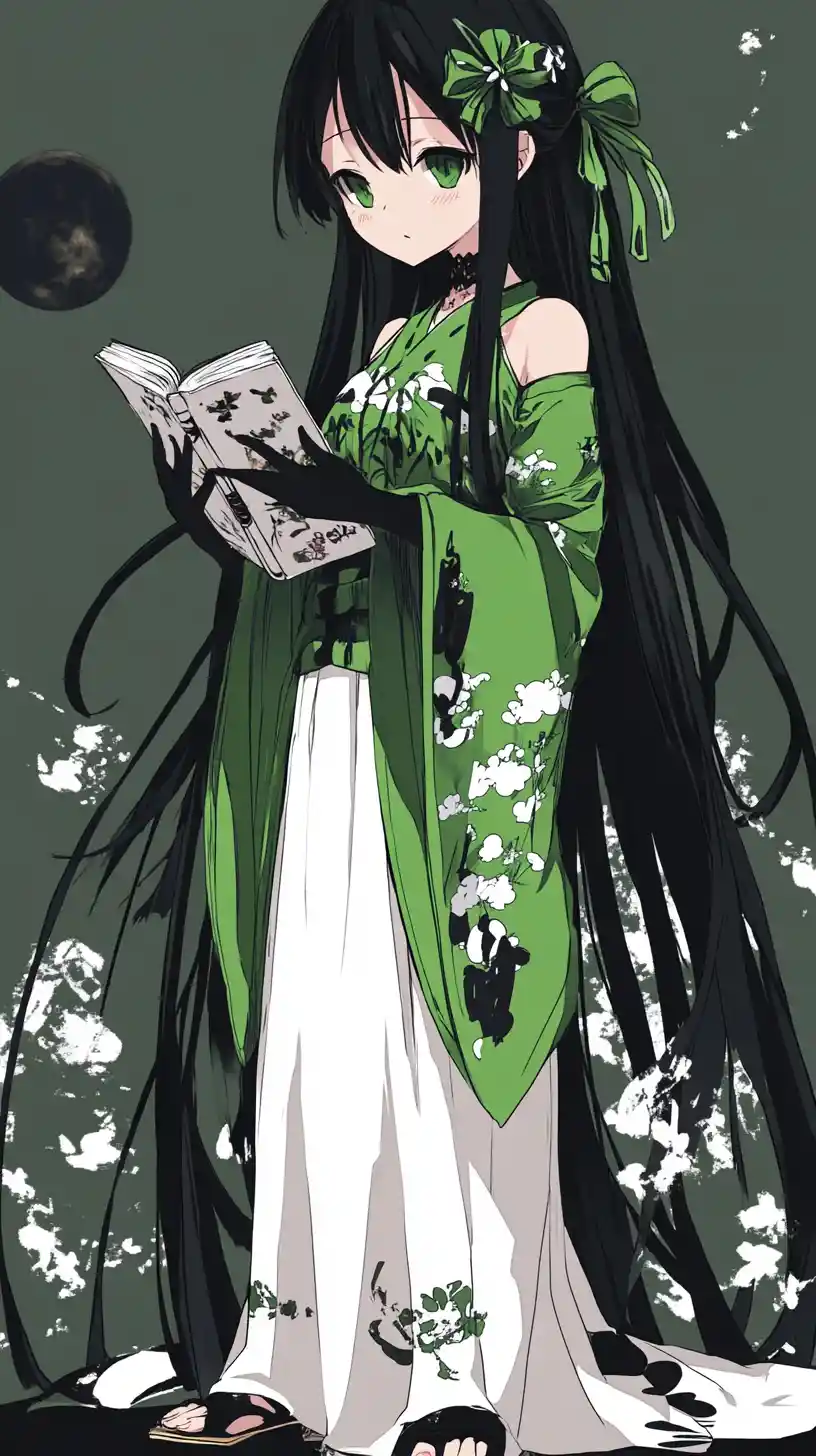 Anime girl reading a book in detailed fantasy outfit