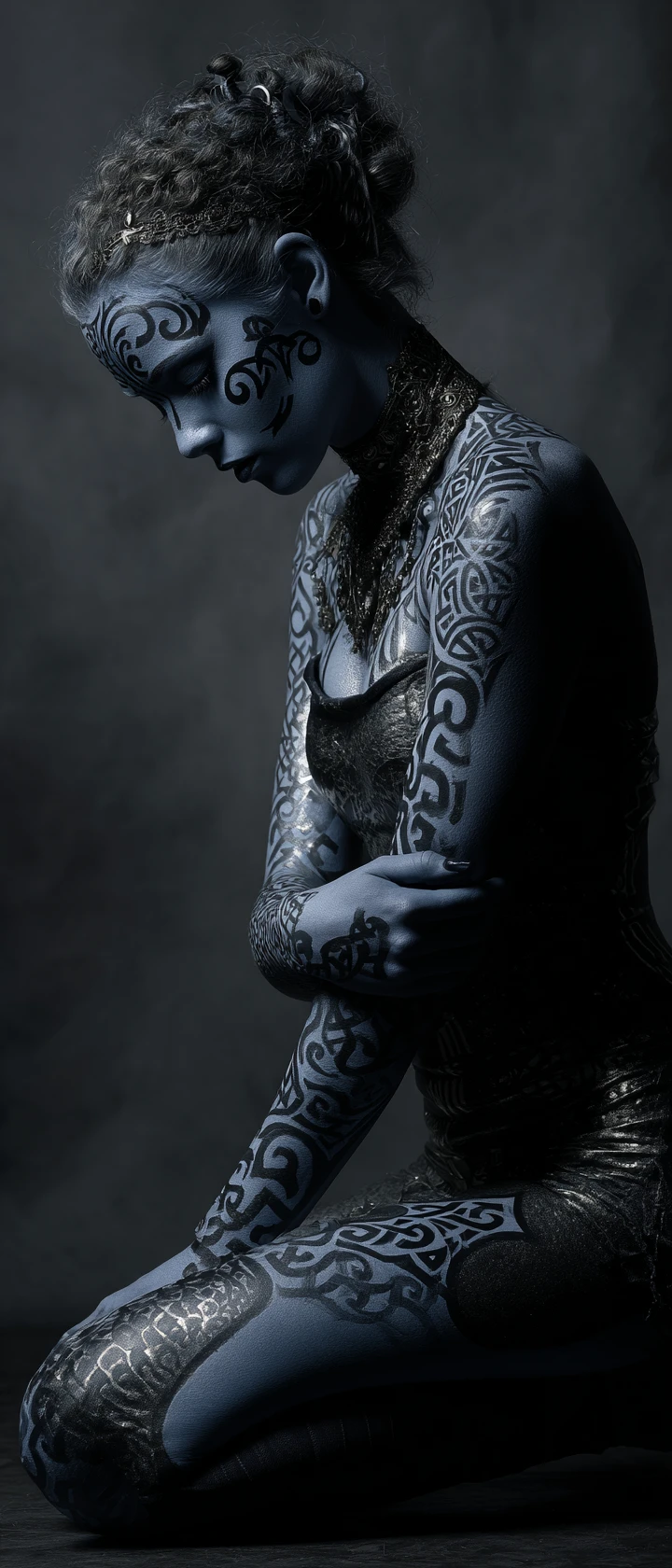 Kneeling blue woman with ornate celtic body painting
