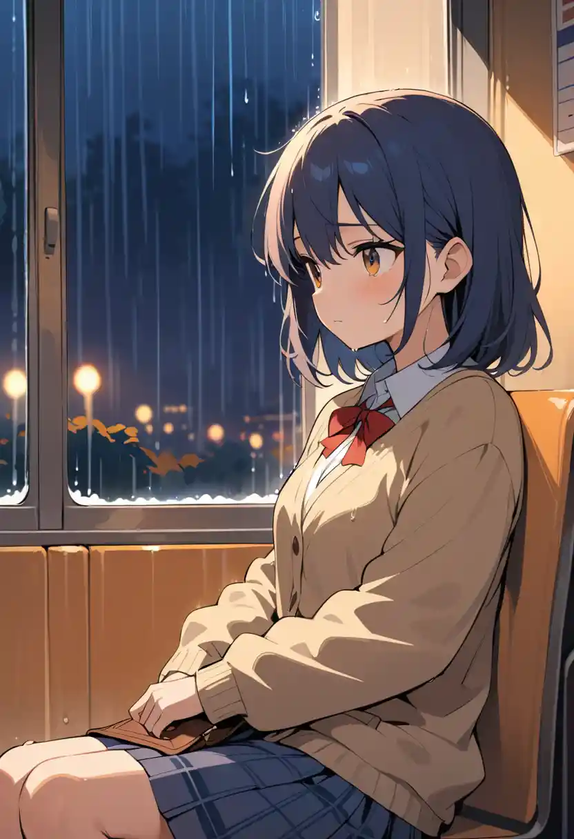 Schoolgirl waiting alone in a rainy night train station