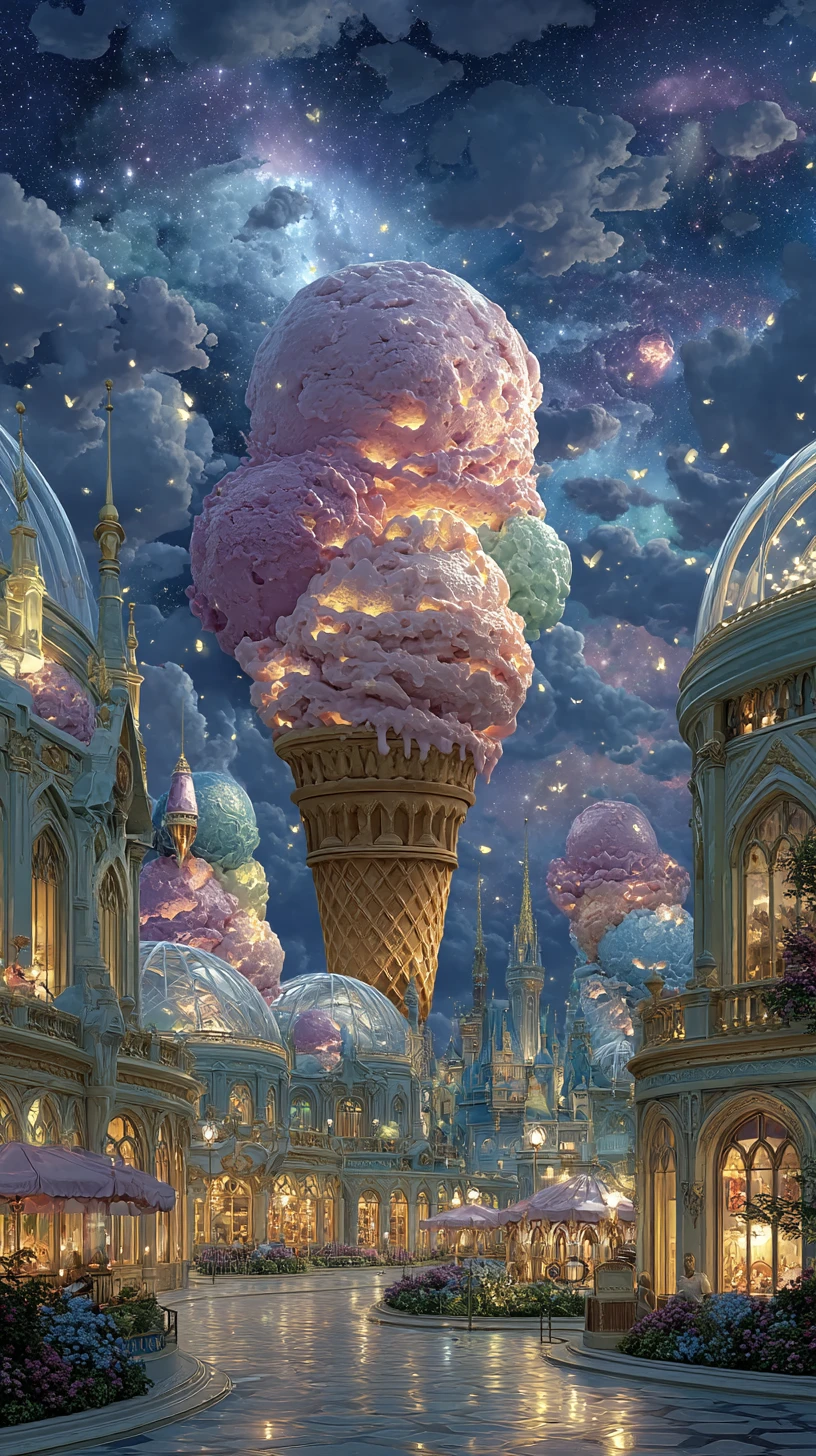 Surreal Ice Cream Observatory Under A Luminous Night Sky
