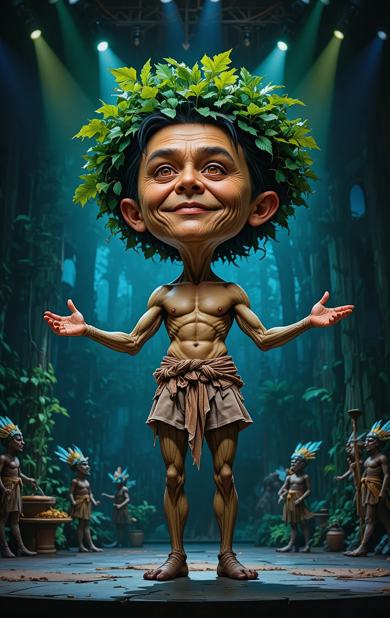 Fantasy character on stage in colorful enchanted forest