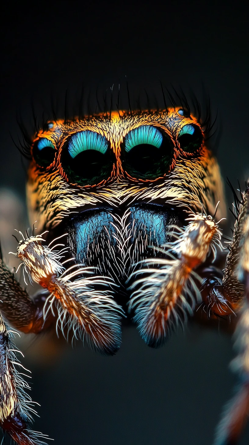 Macro jumping spider with reflective eyes in spotlight