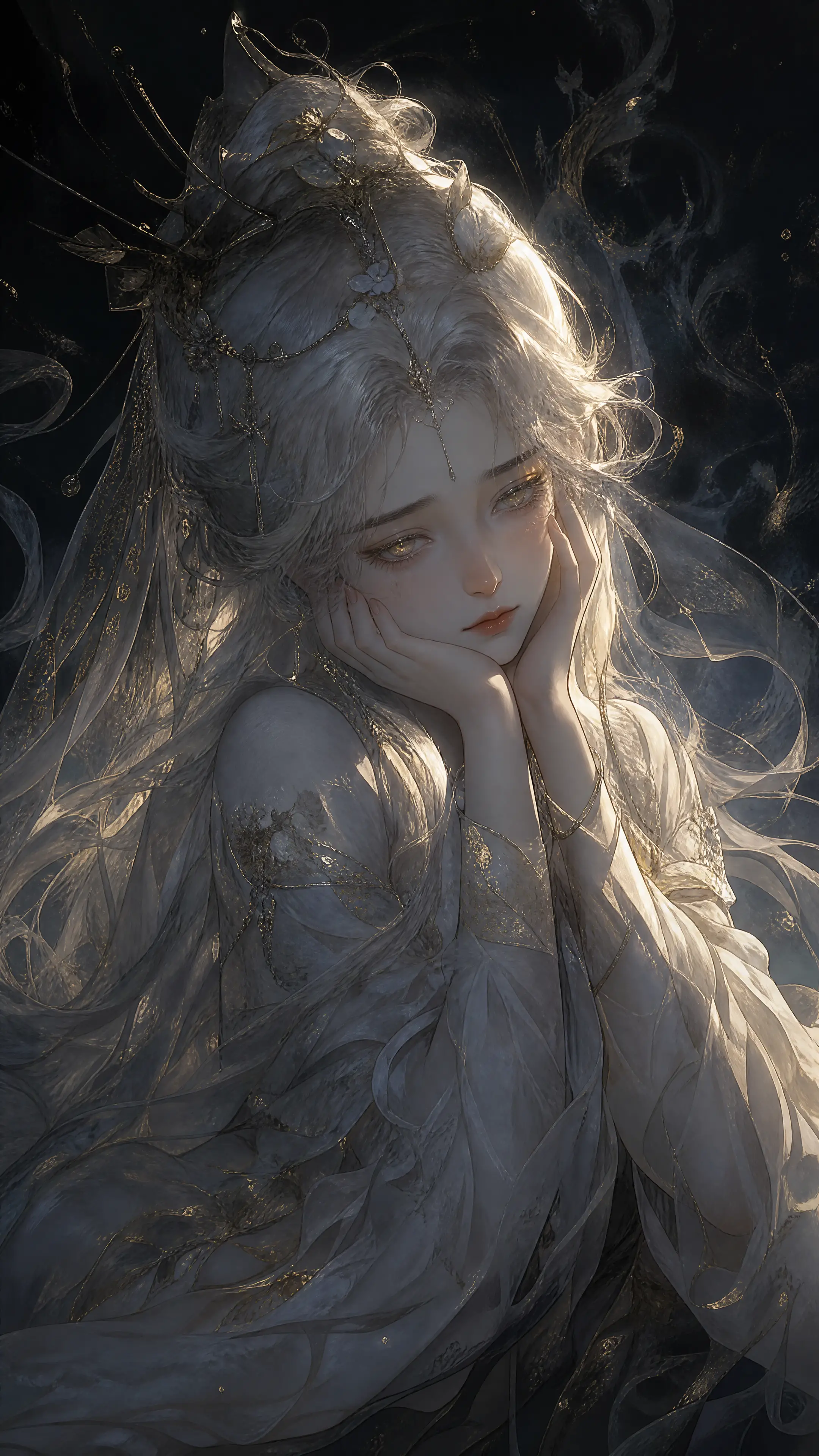 Melancholic girl with glowing hair in dark ethereal portrait