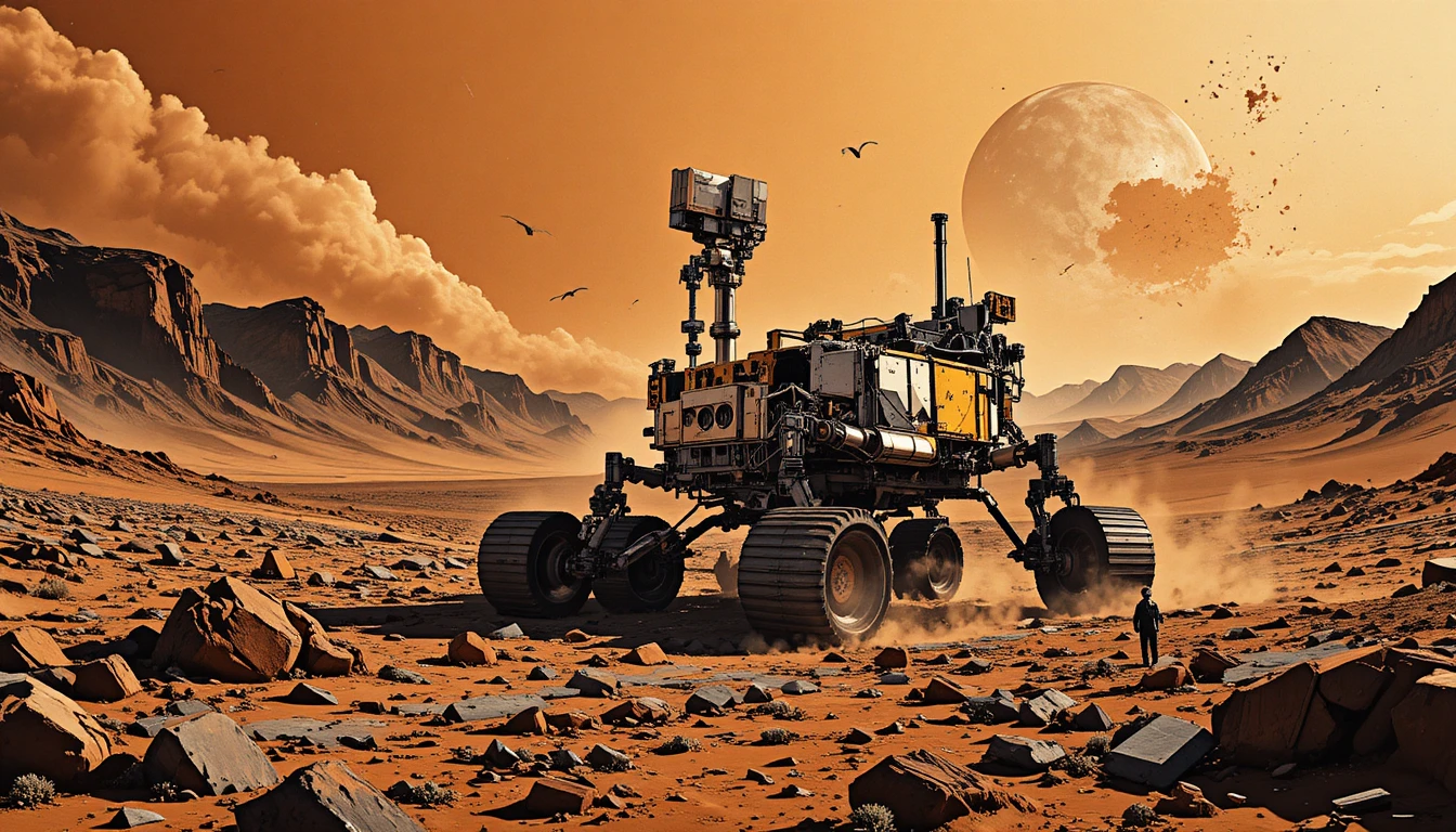 Mars rover crossing rocky terrain under orange dusty sky