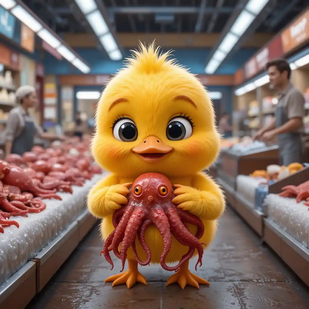 Cute baby duck holding red octopus in seafood market