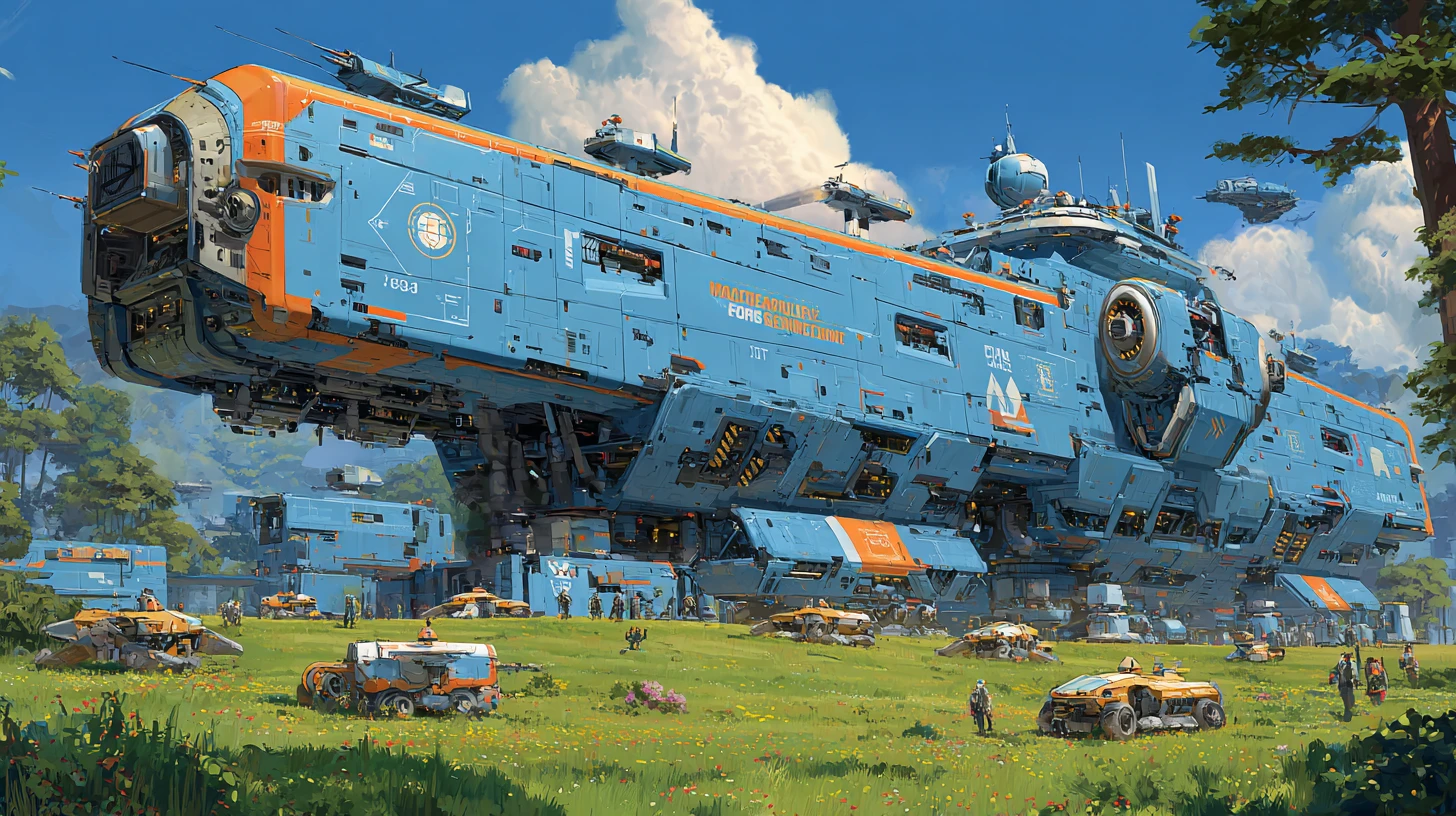 Gigantic modular cargo spaceship landed on lush alien world