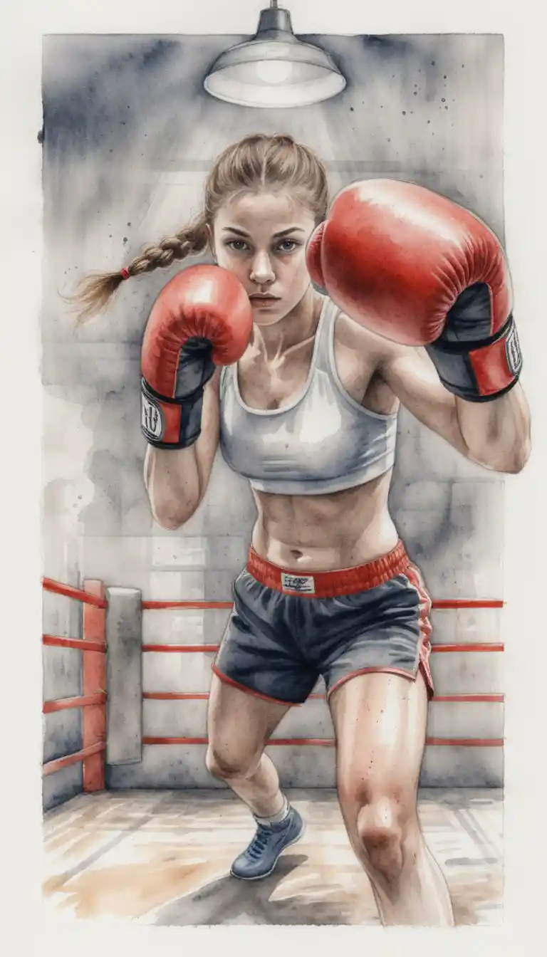Athletic female boxer in low angle defensive ring portrait
