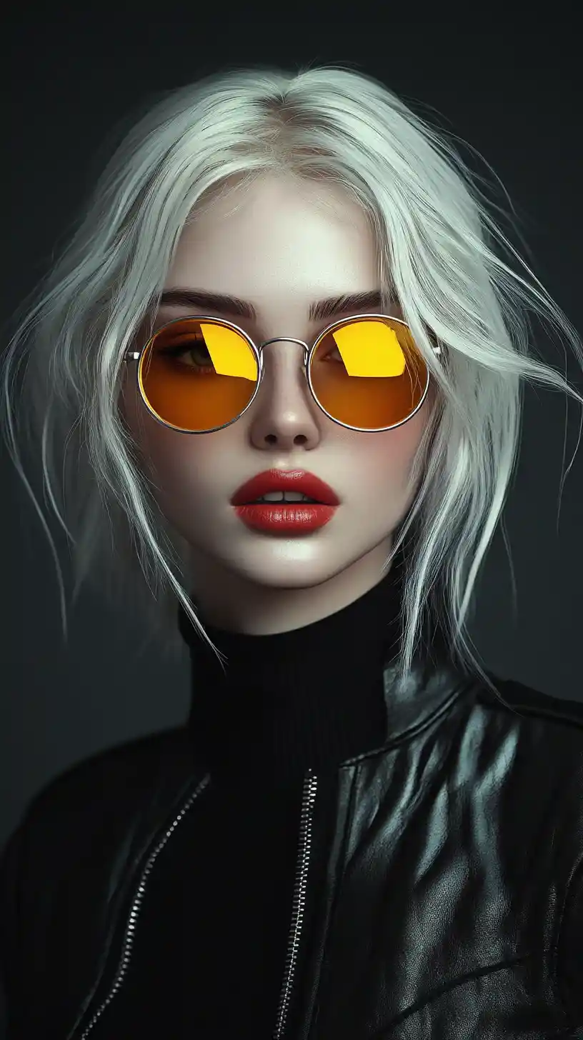 Stylish blonde woman in sunglasses and black leather jacket