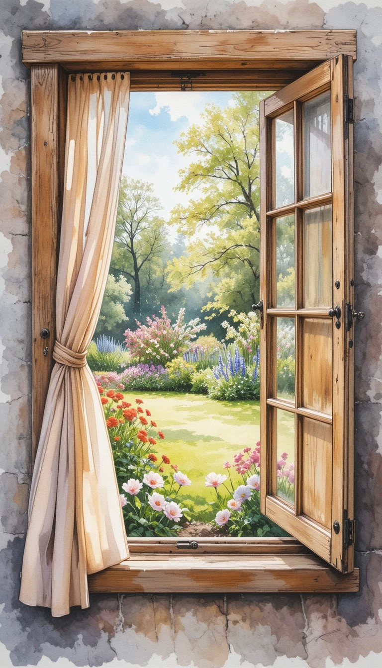 Rustic wooden window opening onto a soft spring garden view