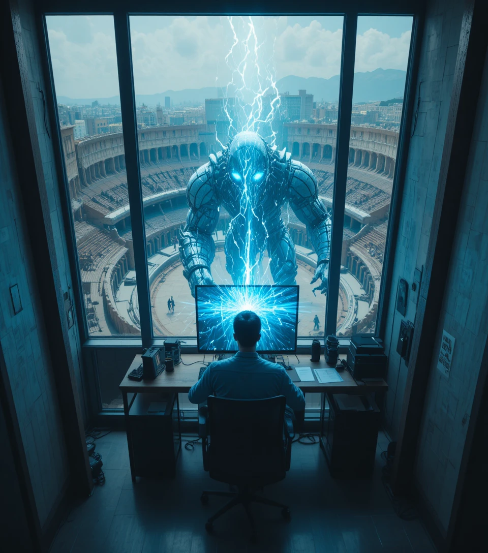 Man at computer desk lit by glowing blue monitor