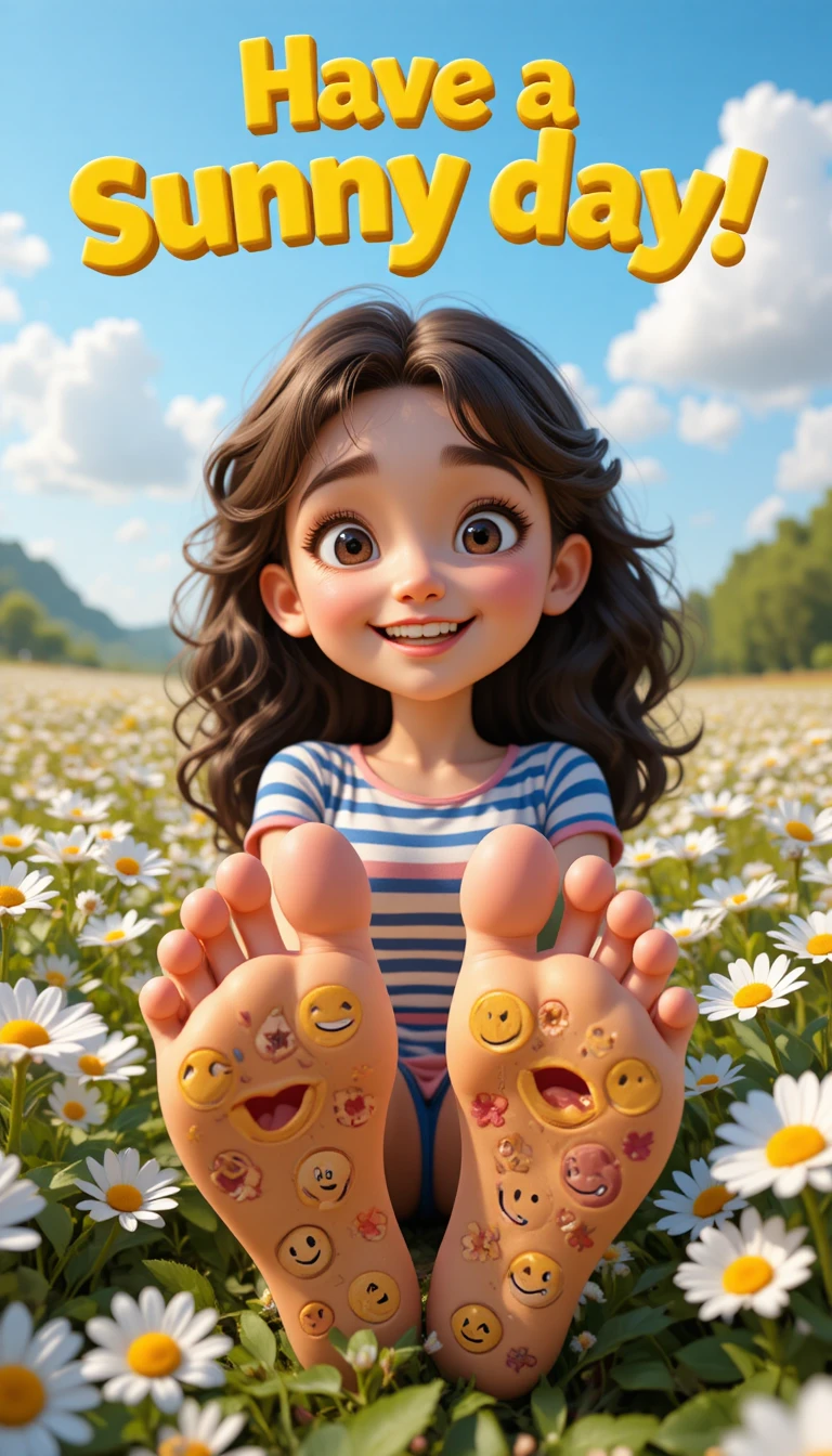 Smiling girl in daisy field with playful emoji toes