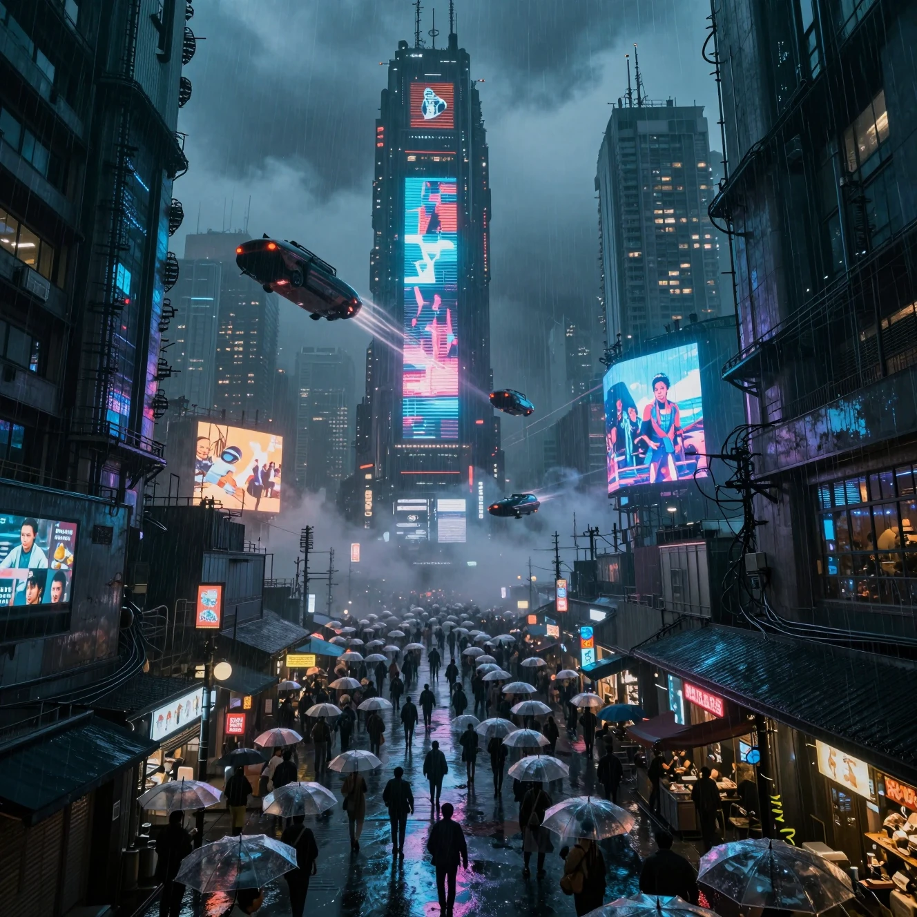 Infinite cyberpunk megacity under neon monsoon at midnight