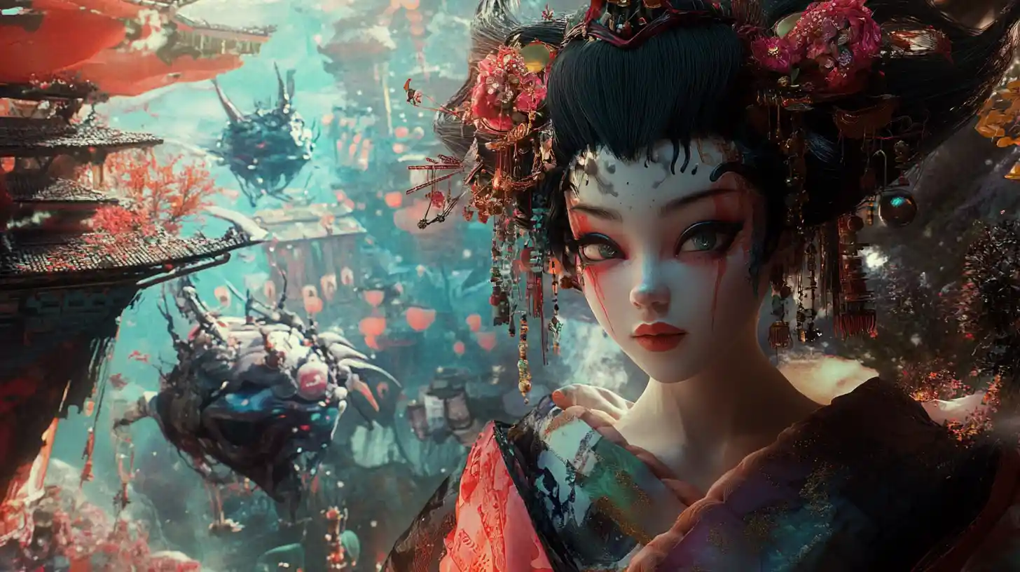 Surreal bio engineered geisha woman in a dreamlike world