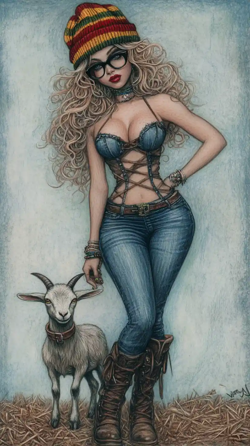 Curvy pin up woman with goat in colored pencil art