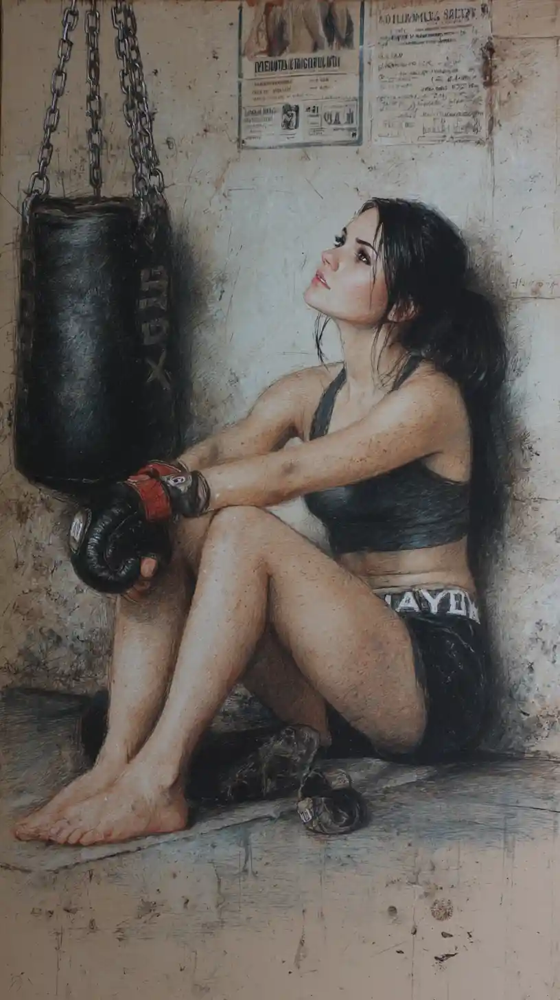 Exhausted boxer woman resting on a gym floor