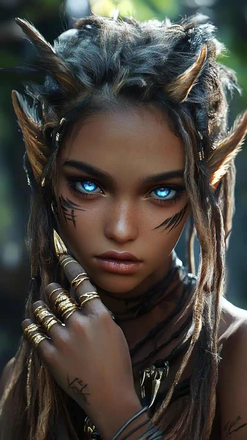 Mystical girl with glowing blue eyes and golden claws