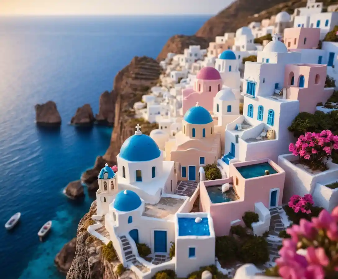 Tilt shift view of tiny greek island fishing village