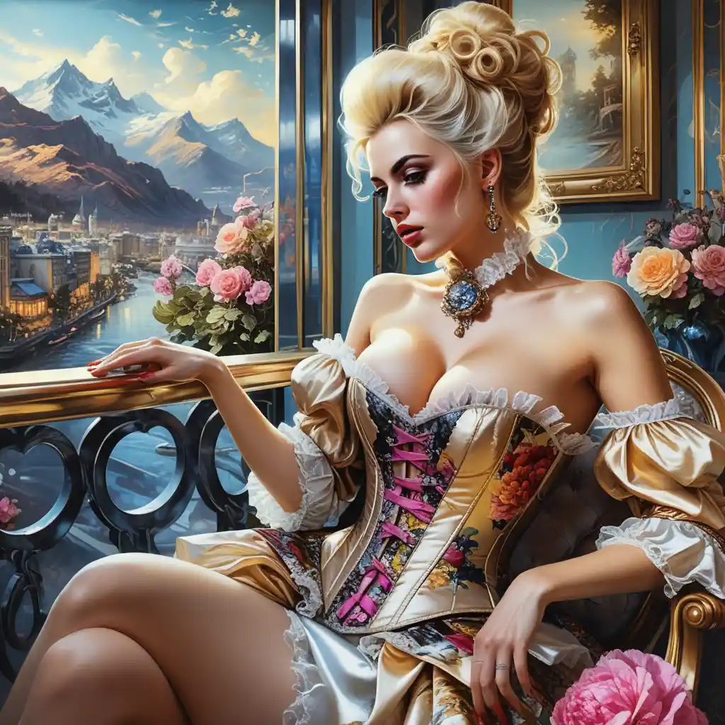 Opulent blonde courtesan in rococo corset boudoir portrait