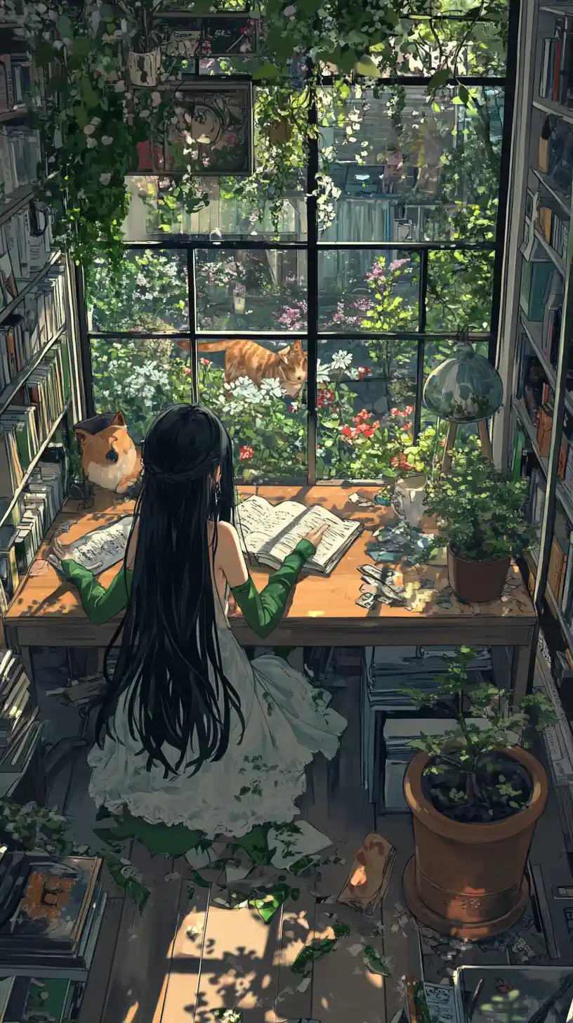 Anime girl reading by a large desk in a cozy room