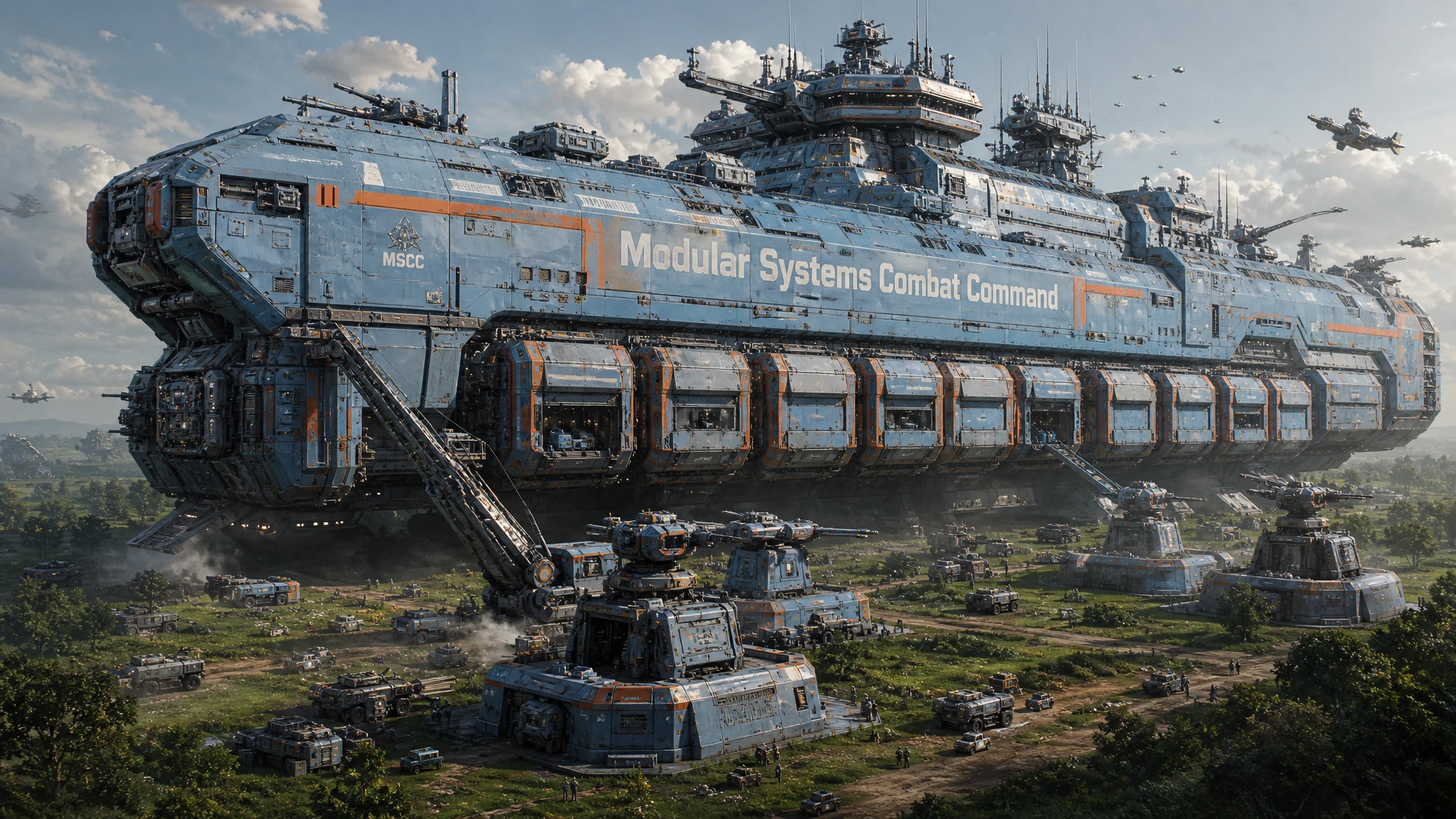 Gigantic modular cargo starship landed on lush green world